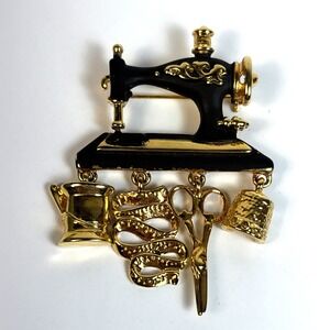 Brooch Sewing Charms Gold Tone Black Paint Intricate Details Vintage Danecraft‎